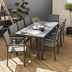 Conjunto mesa de jardín de aluminio y de textileno, 8 sillas