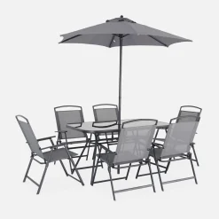 Conjunto mesa de jardín de acero con 6 sillas y 1 sombrilla