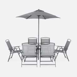 Conjunto mesa de jardín de acero con 6 sillas y 1 sombrilla