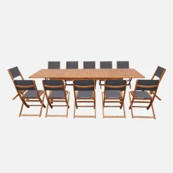 Conjunto mesa de jardín extensible de madera de eucalipto con 12 sillas