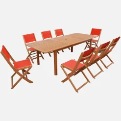 Conjunto mesa de jardín extensible de madera de eucalipto con 8 sillas