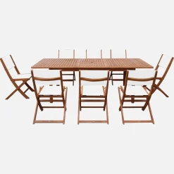 Conjunto mesa de jardín extensible de madera de eucalipto con 8 sillas