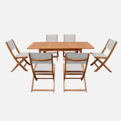 Conjunto mesa de jardín extensible de madera de eucalipto con 6 sillas