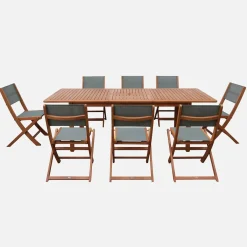 Conjunto mesa de jardín extensible de madera de eucalipto con 8 sillas