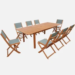 Conjunto mesa de jardín extensible de madera de eucalipto con 8 sillas