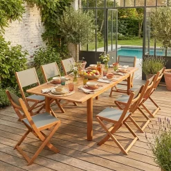 Conjunto mesa de jardín extensible de madera de eucalipto con 8 sillas