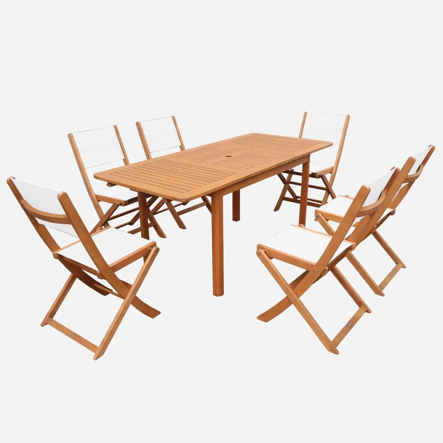 Conjunto mesa de jardín extensible de madera de eucalipto con 6 sillas