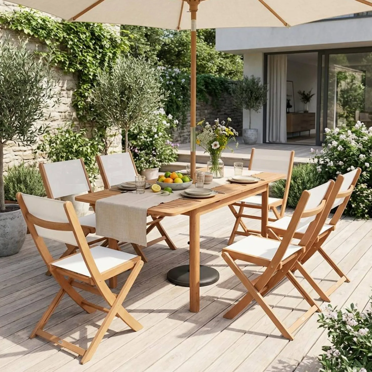 Conjunto mesa de jardín extensible de madera de eucalipto con 6 sillas