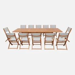 Conjunto mesa de jardín extensible de madera de eucalipto con 12 sillas