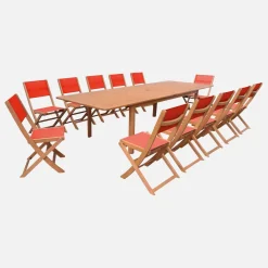 Conjunto mesa de jardín extensible de madera de eucalipto con 12 sillas