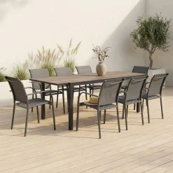 Conjunto mesa de jardín extensible de aluminio efecto madera con 8 sillas