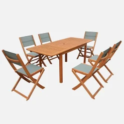 Conjunto mesa de jardín extensible de madera de eucalipto con 6 sillas