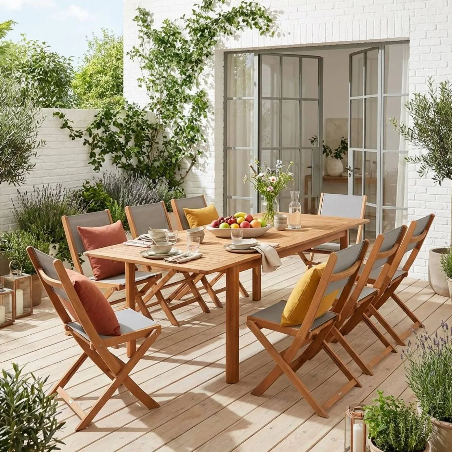 Conjunto mesa de jardín extensible de madera de eucalipto con 8 sillas