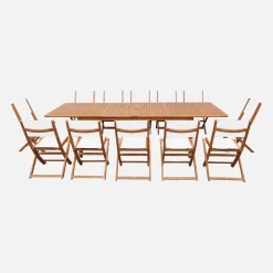Conjunto mesa de jardín extensible de madera de eucalipto con 12 sillas