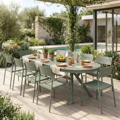 Conjunto mesa de jardín ovalada extensible de aluminio con 10 sillas
