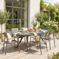 Conjunto mesa de jardín ovalada extensible de aluminio con 6 sillas