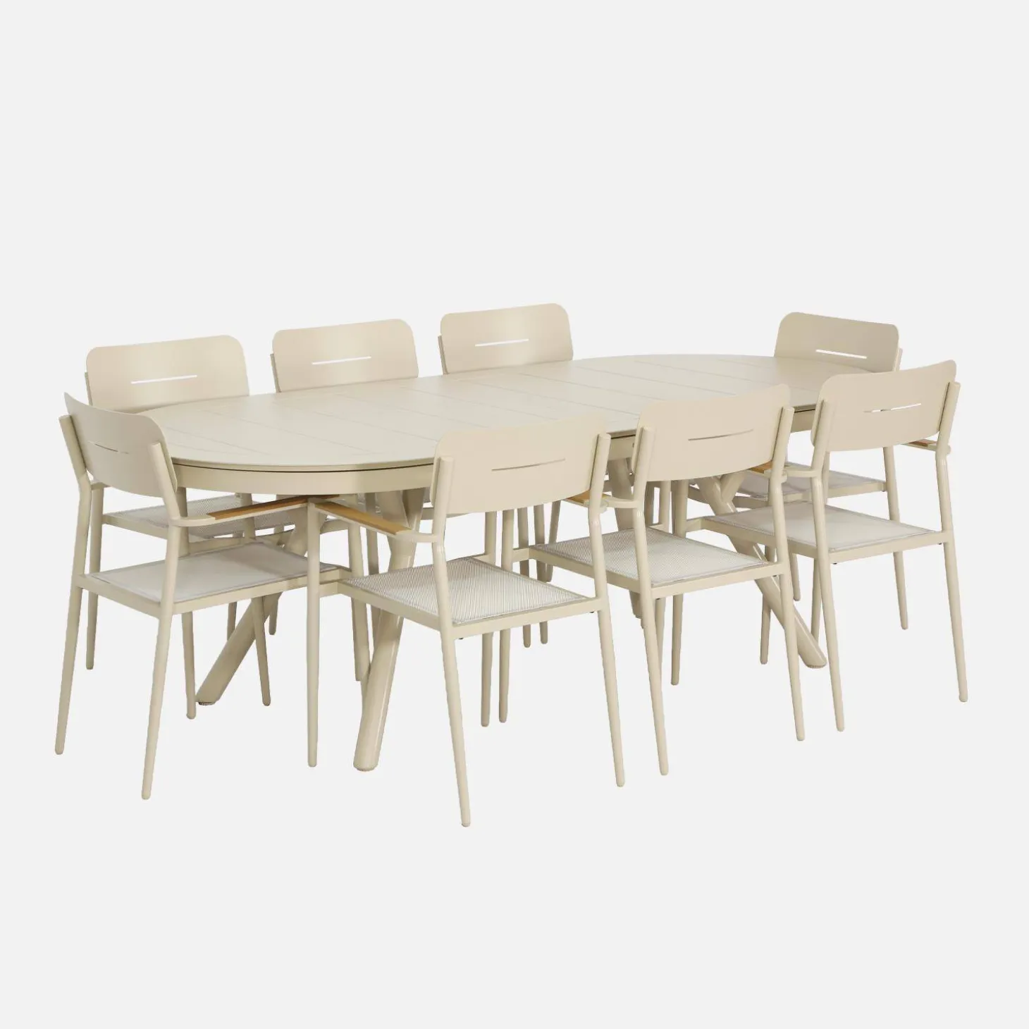 Conjunto mesa de jardín ovalada extensible de aluminio con 8 sillas