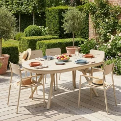 Conjunto mesa de jardín ovalada extensible de aluminio con 6 sillas