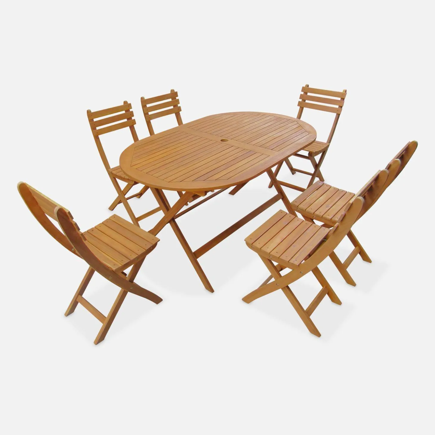Conjunto mesa de jardín plegable de madera ovalada con 6 sillas