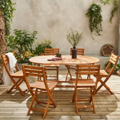 Conjunto mesa de jardín plegable de madera ovalada con 6 sillas