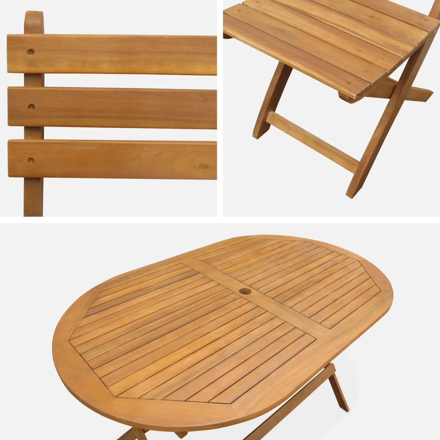 Conjunto mesa de jardín plegable de madera ovalada con 6 sillas
