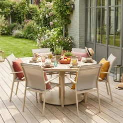 Conjunto mesa de jardín redonda de aluminio con 6 sillas