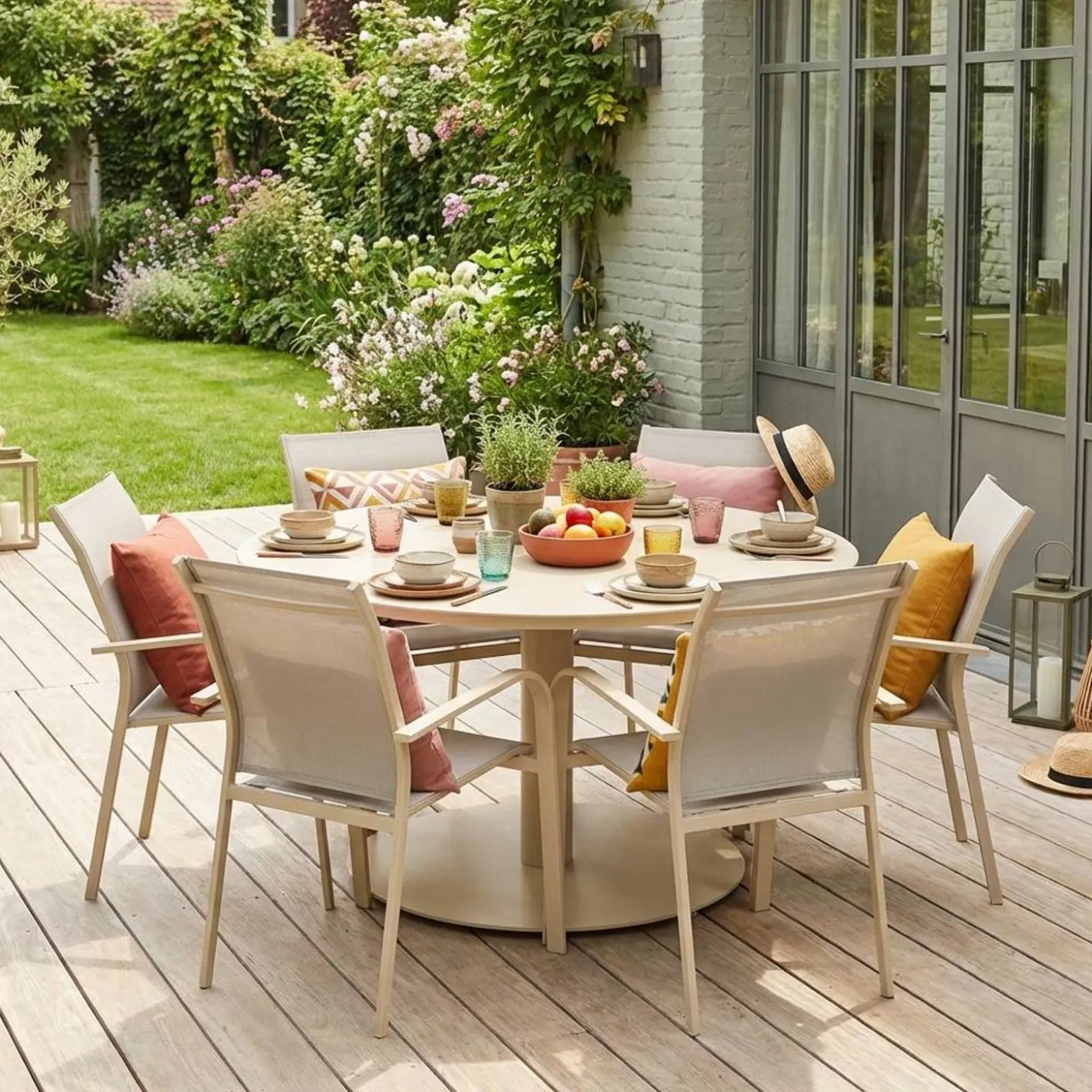 Conjunto mesa de jardín redonda de aluminio con 6 sillas