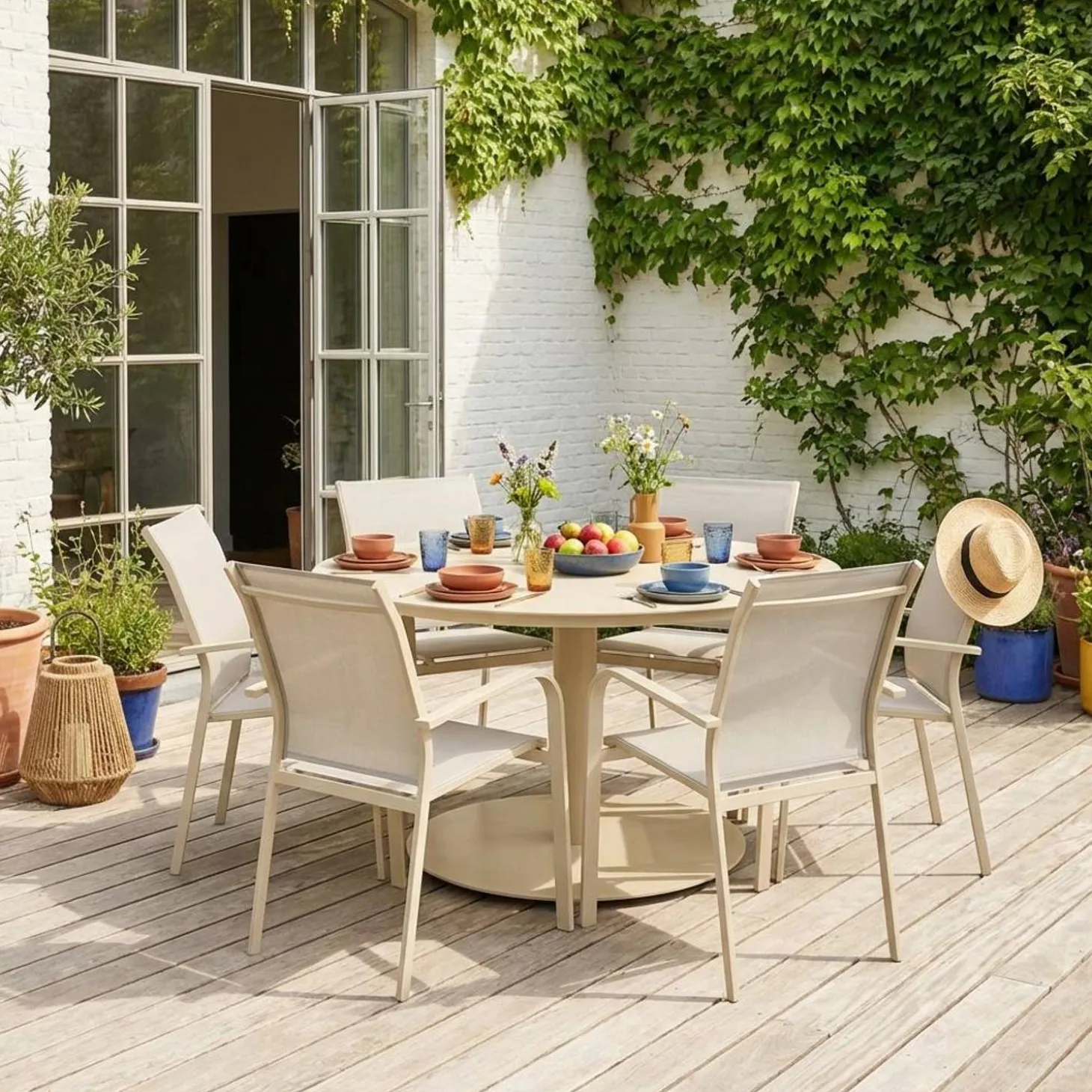 Conjunto mesa de jardín redonda de aluminio con 6 sillas