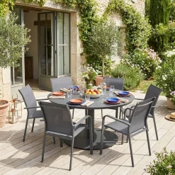 Conjunto mesa de jardín redonda de aluminio con 6 sillas