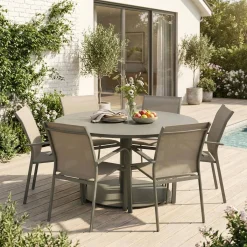 Conjunto mesa de jardín redonda de aluminio con 6 sillas