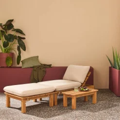 Conjunto tumbona modular de madera de acacia con múltiples posiciones y mesa