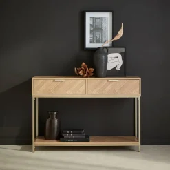 Consola de madera con efecto espiga y 2 cajones, 110cm