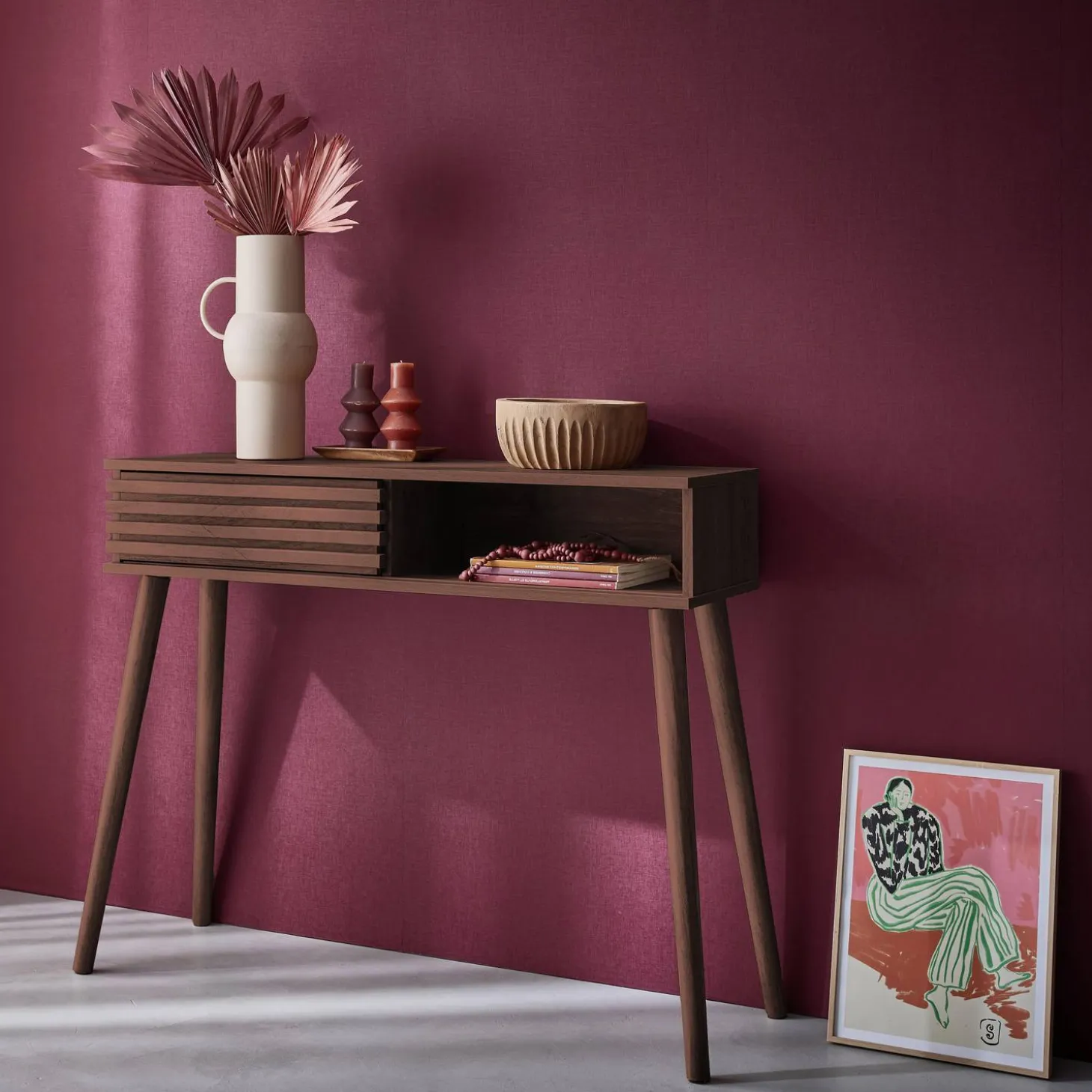 Consola escandinava efecto madera y puerta corredera, 100cm