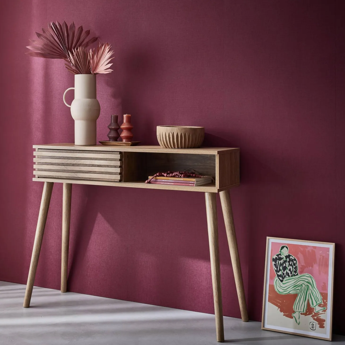 Consola escandinava efecto madera y puerta corredera, 100cm