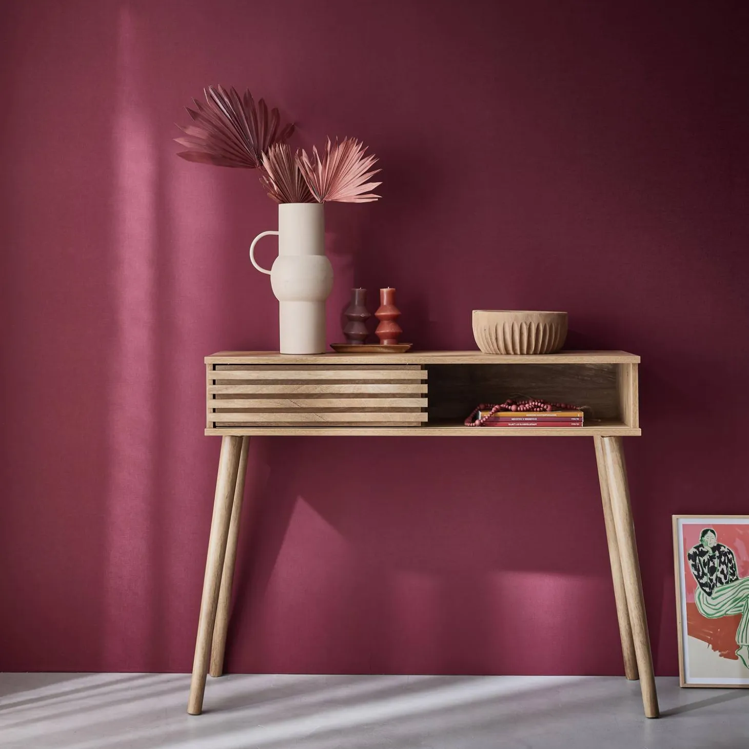 Consola escandinava efecto madera y puerta corredera, 100cm