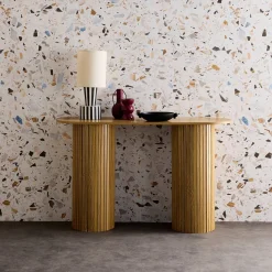 Consola escandinava ovalada efecto madera acanalada, 120cm