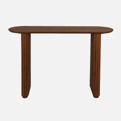 Consola ovalada de madera de caucho con chapa de roble