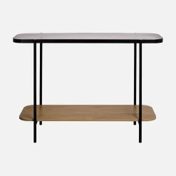 Consola vintage de metal negro con tapa de cristal y decoración de madera, 110cm