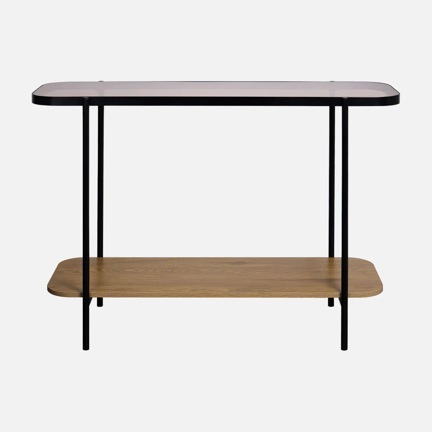 Consola vintage de metal negro con tapa de cristal y decoración de madera, 110cm