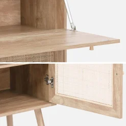Escritorio de 2 puertas con estantes, efecto madera y caña
