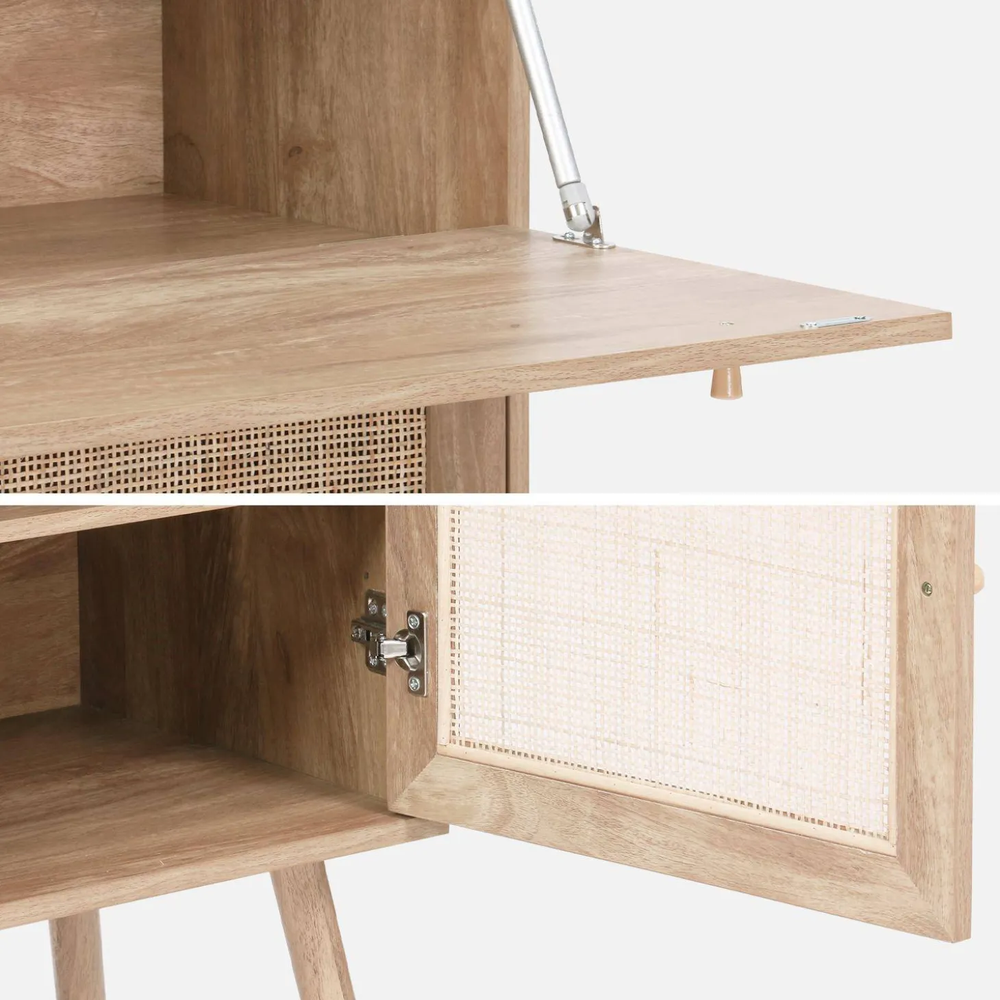 Escritorio de 2 puertas con estantes, efecto madera y caña