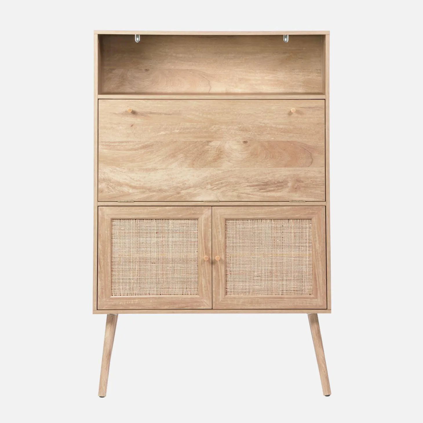 Escritorio de 2 puertas con estantes, efecto madera y caña