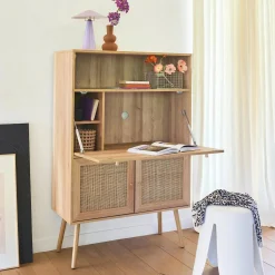 Escritorio de 2 puertas con estantes, efecto madera y caña