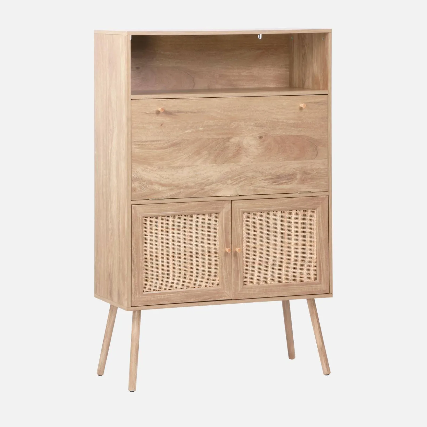Escritorio de 2 puertas con estantes, efecto madera y caña