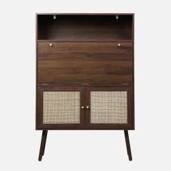 Escritorio de 2 puertas con estantes, efecto madera y caña