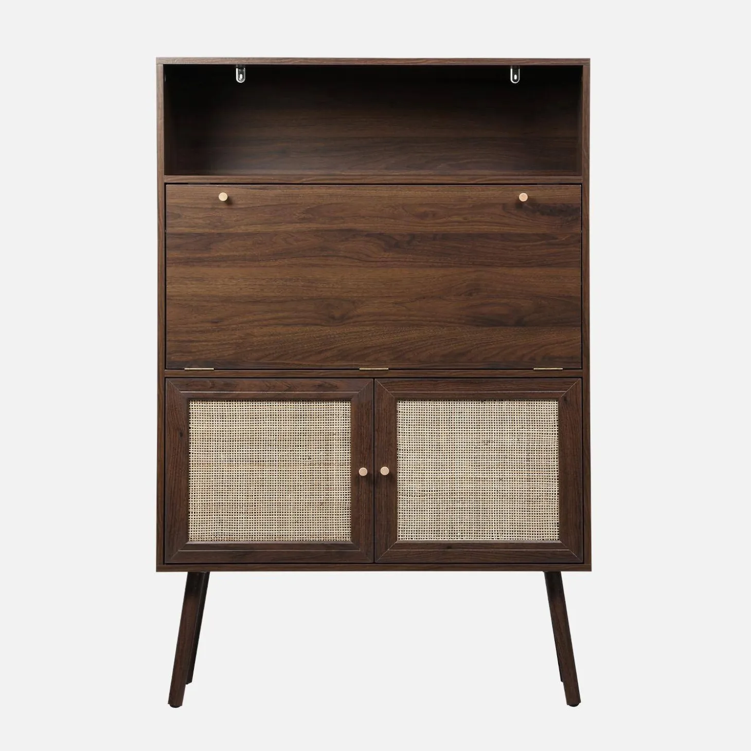 Escritorio de 2 puertas con estantes, efecto madera y caña