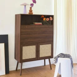 Escritorio de 2 puertas con estantes, efecto madera y caña