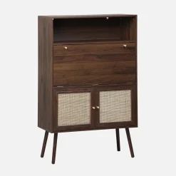 Escritorio de 2 puertas con estantes, efecto madera y caña