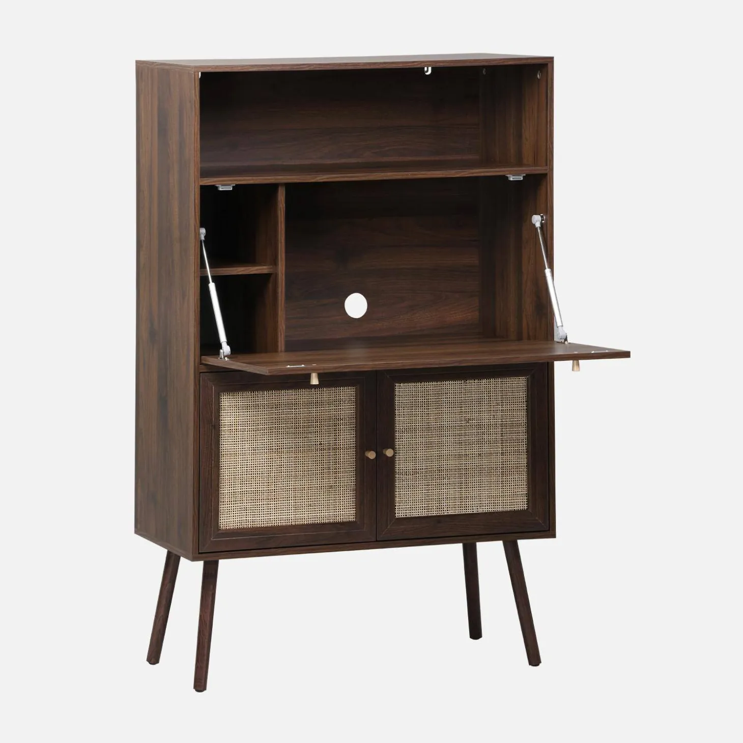 Escritorio de 2 puertas con estantes, efecto madera y caña