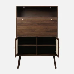 Escritorio de 2 puertas con estantes, efecto madera y caña